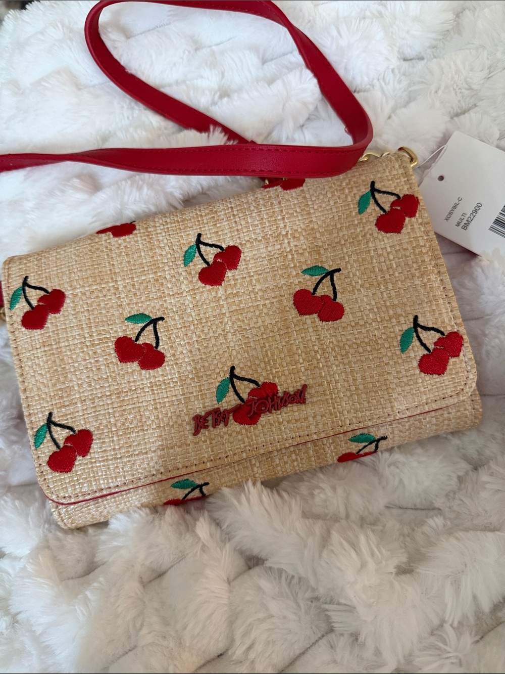 Betsey Johnson Red Cherry Embroidered Straw Crossbody